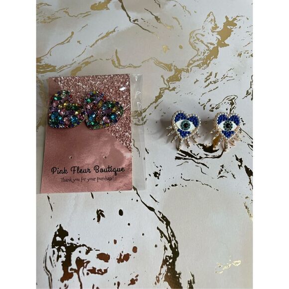 Rhinestone Heart and Heart Shaped Evil Eye Earrings - Picture 1 of 5